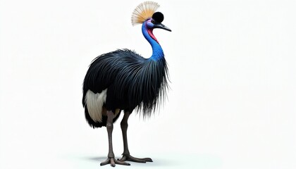 Obraz premium Full body studio portrait of black crowned crane bird stands isolated on white background. Exotic avian creature features long neck blue plumage colorful feathers, golden crest crown atop head.