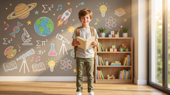 Smiling elementary schoolboy with backpack posing in modern classroom surrounded by science and education chalkboard illustrations, representing back to school, learning, confidence and academic growt