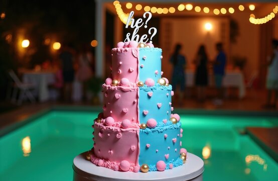 Multi tier cake at gender reveal party features pink, blue frosting. Dessert decorated with golden spheres, hearts stands near swimming pool. Event celebrates baby birth announcement with festive