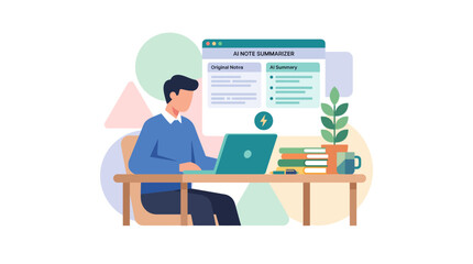 Fototapeta premium Professional Working at Desk Using AI Note Summarizer Tool for Efficient Document Management and Productivity Automation