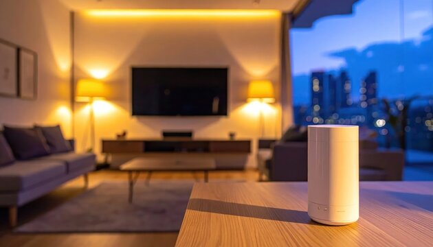 Smart voice assistant speaker in modern living room interior