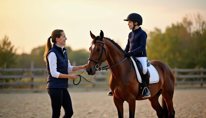 Obraz premium Professional female trainer guides young rider on brown horse in outdoor arena. Instructor teaches equestrian skills to student. Child wearing helmet sits on saddle mentor holds reins. Concept of