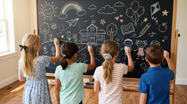 Happy elementary school students creating colorful chalkboard artwork with houses, rainbow, stars and science symbols in a bright classroom, celebrating back to school, creativity, learning.
