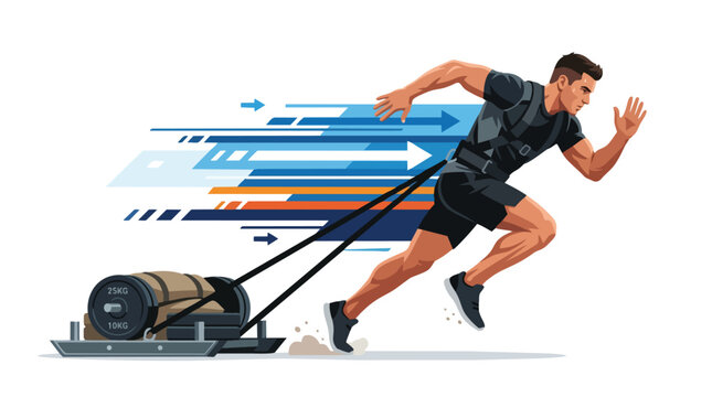 Athletic man training with weighted sled push or pull.