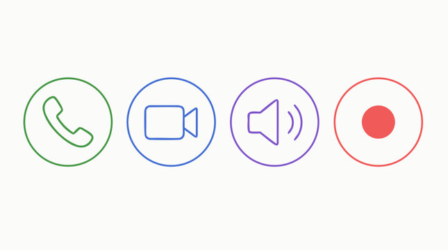 Voice and video call line icon set with phone handset, camera, speaker volume and recording button, colorful editable stroke vector UI symbols for conferencing, messaging apps and support dashboards