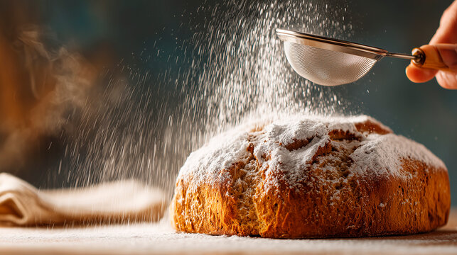 Sifting powdered sugar through a sieve over freshly baked sweet bread.