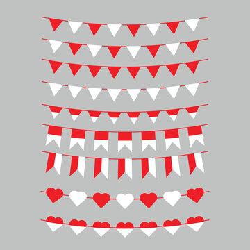 Indonesia independence day red and white bunting flag decoration set vector illustration