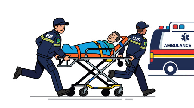 Paramedics wheeling patient on stretcher toward ambulance.