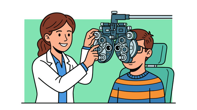 Optometrist using phoropter for boy&rsquo;s eye vision test