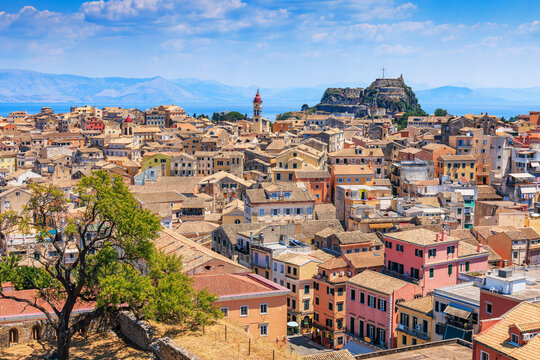 Corfu, Greece. Panoramic view of Old Town as seen from New Fortress.