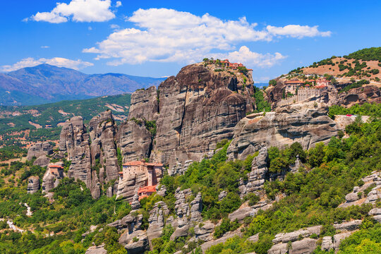 Meteora, Greece. Sandstone rock formations, the Rousanou, the Nikolaos and the Grand Meteora monasteries.
