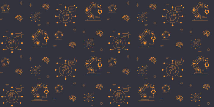 seamless pattern of robotic arms and technology icons in gold on dark background for futuristic design