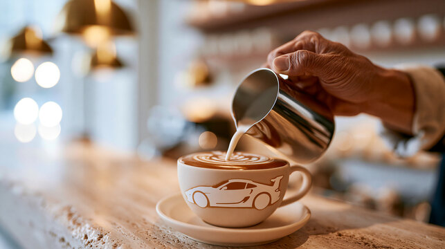 バリスタがカップに温かいミルクを注ぐカフェラテ ｜ 手元のアップ