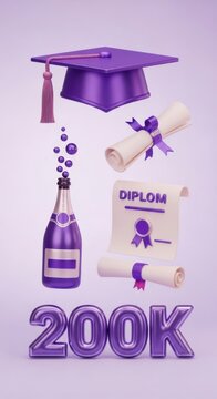 Graduation celebration with purple cap and diplomas