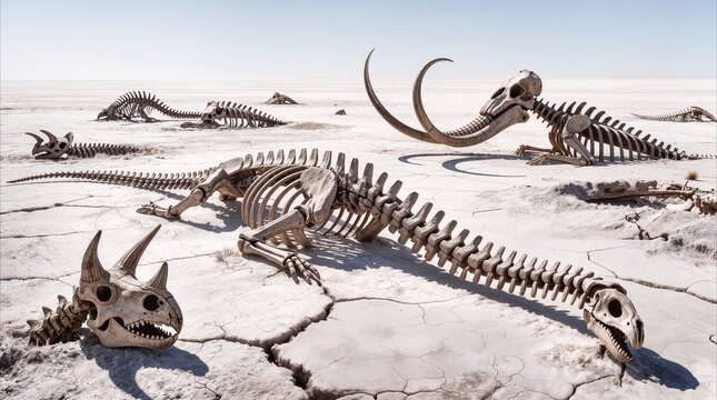 Ancient animal skeletons scattered across dry cracked desert floor. Prehistoric fossils of mammoths and dinosaurs in arid wasteland landscape.