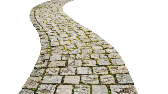 Cobblestone path isolated on white. Winding stone walkway for garden or park landscape design.