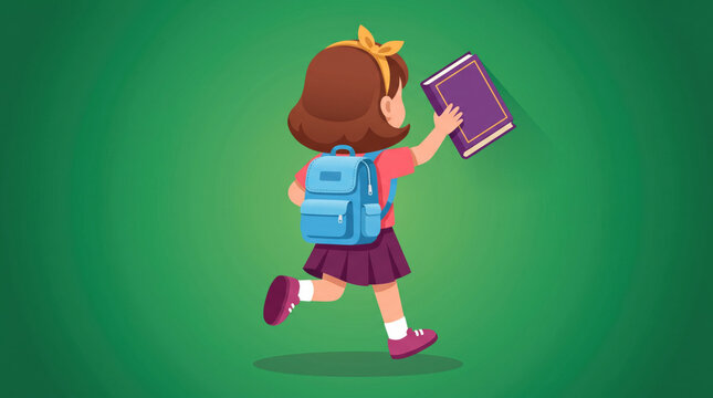 Adorable back to school cartoon illustration of young student carrying backpack and book on simple green background, symbolizing education, learning, school readiness, childhood development and knowle