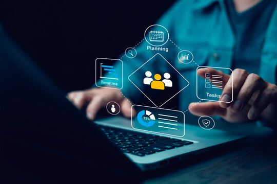 Project planning workflow with team, timeline, task checklist, progress analytics and security icons, representing collaboration, scheduling and performance management.
