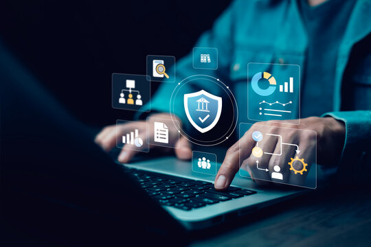 Governance, risk and compliance dashboard with policy control, audit analytics, document review and workflow automation, representing regulatory oversight and enterprise risk management.
