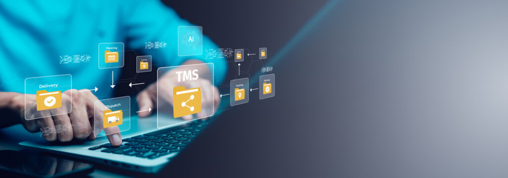AI-powered transportation management system with planning, dispatch, tracking and delivery workflow, representing smart logistics automation and supply chain operations.