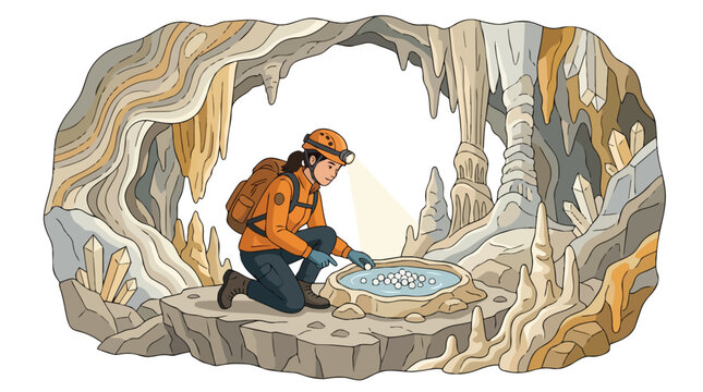 A woman explorer investigating a water pool inside a cave.
