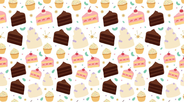 Sweet cake seamless pattern vector background featuring slices of chocolate, strawberry, wedding cakes, and cupcakes for birthday party wrapping paper designs.