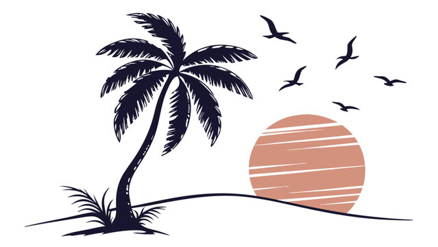 Premium Tropical Palm Tree Silhouette Vector with Sunset Circle, Minimal Flat Summer Travel Illustration, Editable