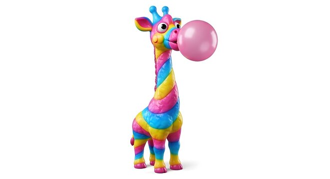 Colorful whimsical giraffe sculpture blowing pink bubble in vibrant playful design for fun and entertainment