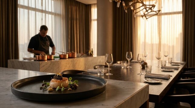 Luxury Dining: Private chef preparing gourmet dinner in luxury dining room 
