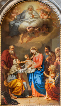 LUCCA, ITALY - JUNE 23, 2026: The painting of Holy Family with the St. Ann, Zechariah, Elizabeand John the Baptist and Zechariah in church  Basilica di San Frediano by Stefano Tofanelli (1805 - 1810).