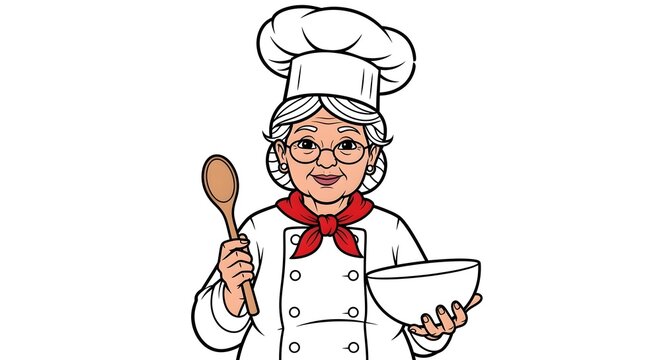 Charming elderly female chef with glasses in white uniform and red neckerchief holding wooden spoon and bowl in cheerful kitchen setting
