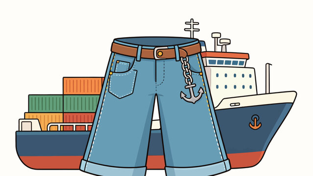 Blue denim shorts with an anchor chain hanging from the belt loop, displayed in front of a cargo