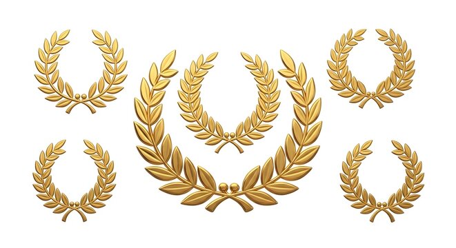 Set of golden laurel wreaths in various sizes with detailed leaves ready for awards or decorations