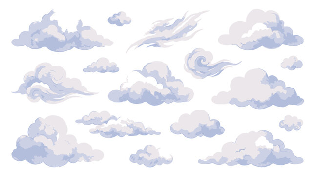 Set of fluffy cartoon clouds in watercolor style.