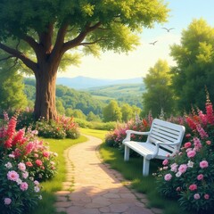 Fototapeta premium Stone path winds through rich garden with blooming flowers and big tree. Empty white bench offers scenic view of rolling green hills and distant mountains. Peaceful outdoor landscape.