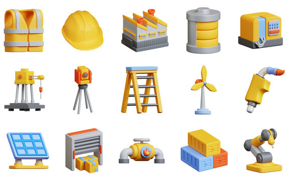 Industrial 3D icon set, construction and engineering tools, factory and energy production elements