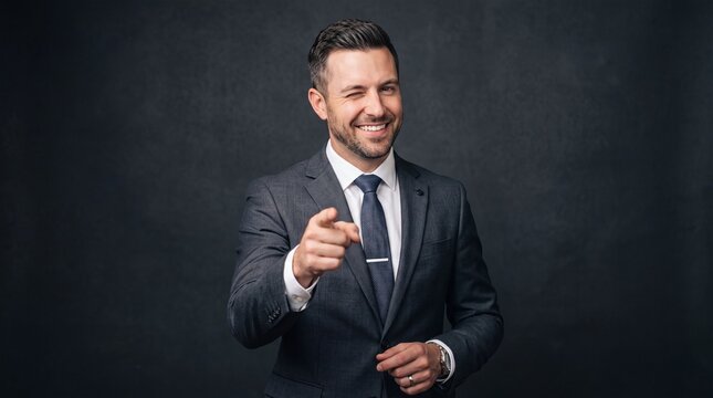 A handsome businessman in a dark suit, white shirt, and tie winking and pointing his finger ad social media download thambnail template event festive festival 2026 2027 2028