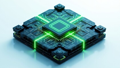 Obraz premium Central processor unit with glowing neon green lines. Complex electronic pathways and microchips. Futuristic technology abstract concept with circuit board elements. High tech computer hardware.