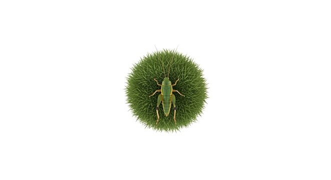 Close-up of a green insect on a lush moss sphere with natural background for environmental and nature themes