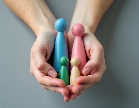 Person holds wooden figures representing family in cupped palms. Hands protect small colorful pawns parents, children connection. Concept of adoption foster care, social support services. Security