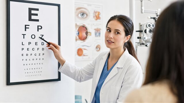 Female ophthalmologist pointing at eye chart for visual acuity test during exam. Professional eye doctor conducting laser vision correction checkup. Healthcare, medicine, hospital concept.