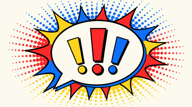 Pop art comic burst with oversized speech bubble, bold exclamation marks, halftone dots and red blue yellow rays, energetic vector background for alerts, announcements, promotions and messages