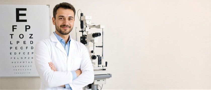 Male ophthalmologist standing in office with eye chart and slit lamp equipment. Professional eye doctor ready for vision examination. Banner with copy space