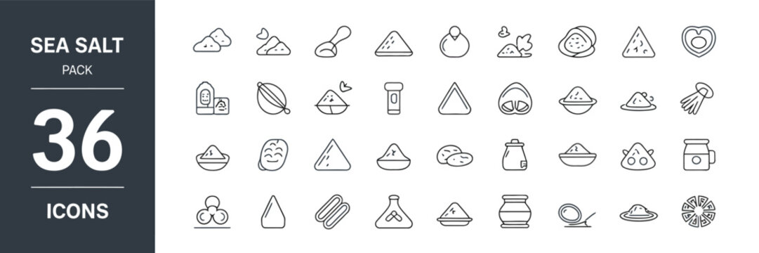 Sea salt pack icons line style  salt grains bottles spoons hearts leaves lemons triangular shapes bottles beakers bowls