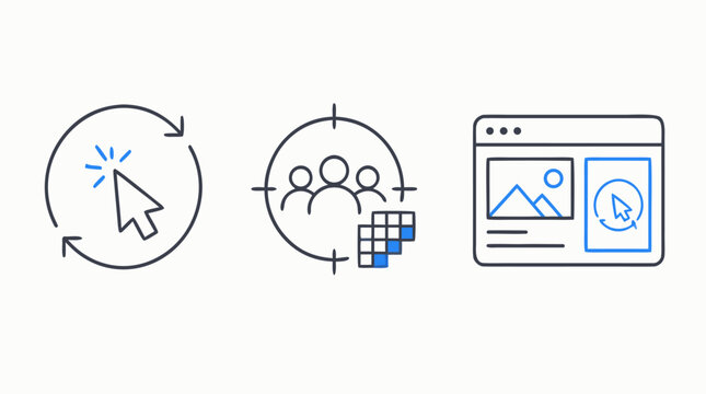 Retargeting ads line icon set with repeat cursor, audience pixel and follow up banner, editable stroke vector symbols for remarketing, conversion tracking, display campaign and digital sales funnel