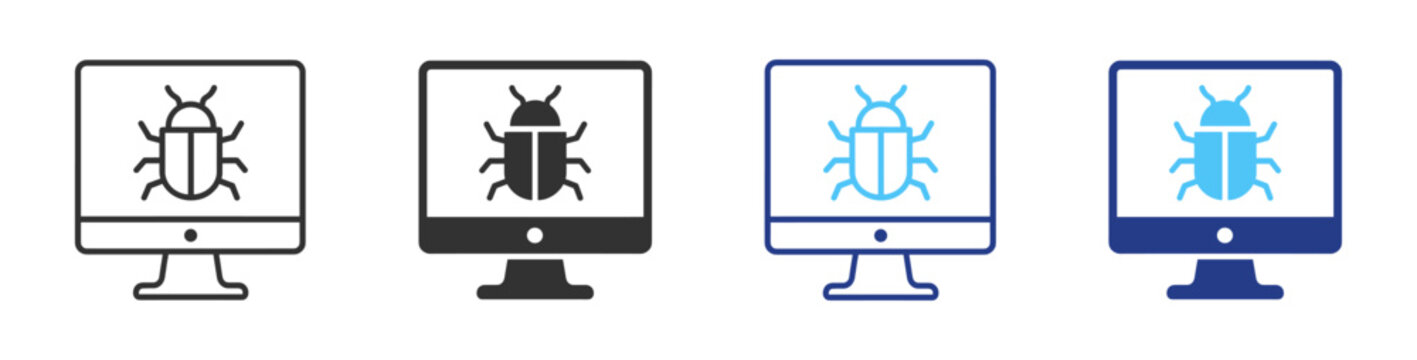 Monitor malware line icon with computer bug, antivirus and cybersecurity symbol on transparent background