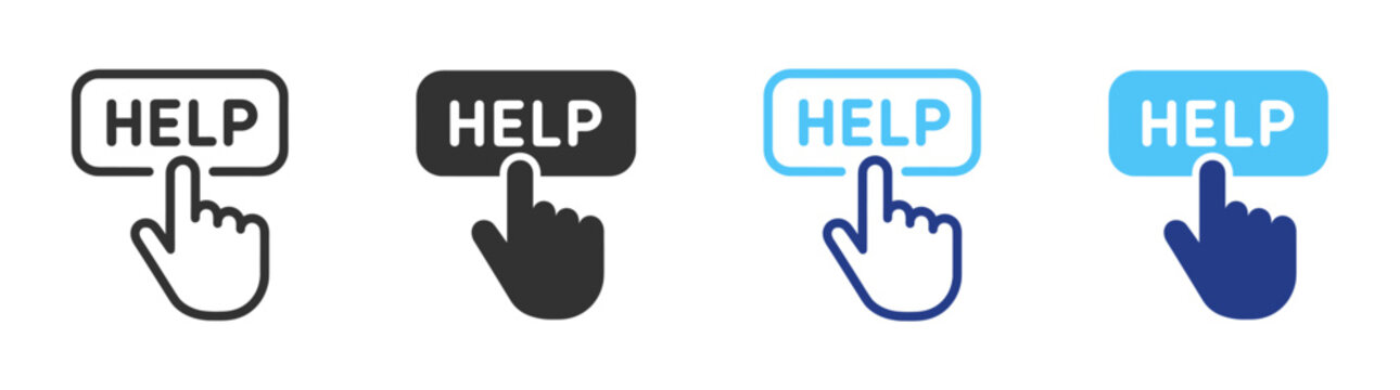 Help button line icon with hand click, customer service and support symbol on transparent background