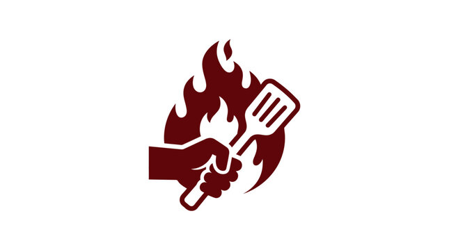 Hand holding spatula with flames logo