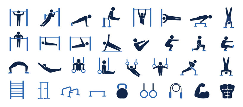 Collection of blue exercise and gym equipment icons.
