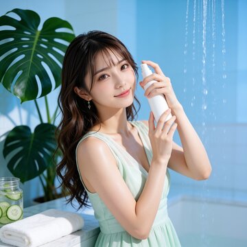 ミスト化粧水で肌を潤す爽やかな若い女性と水の美容イメージ